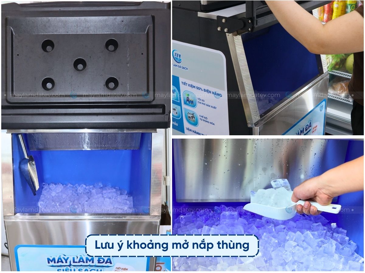 Lưu ý khoảng mở nắp thùng của máy làm đá
